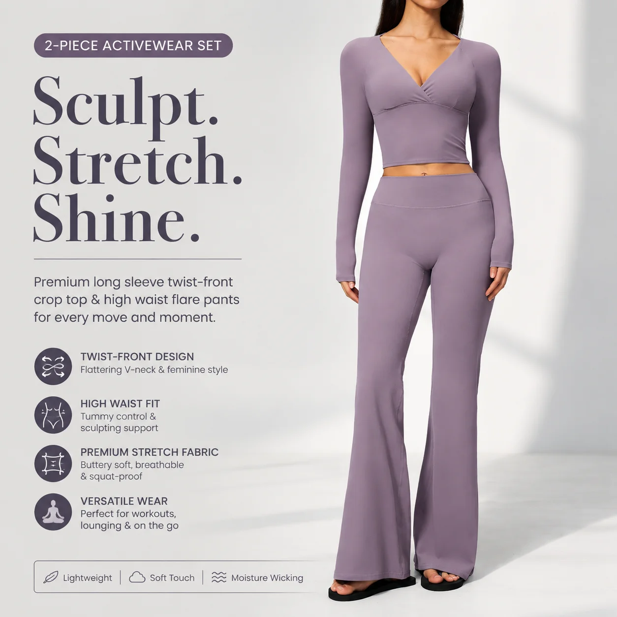 Premium Women's 2-Piece Long Sleeve Twist-Front Crop Top and High Waist Flare Pants Set Seamless V-Neck Workout Outfit Sculpting