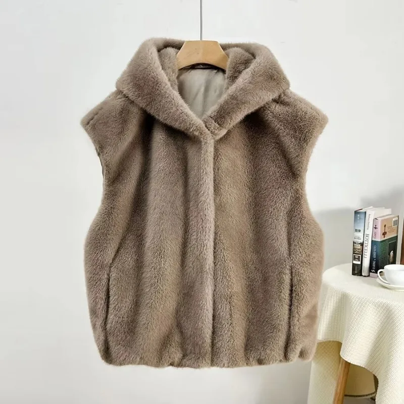 Women Hooded Faux Fur Vest Autumn Winter Casual Sleeveless Utility Short Coat