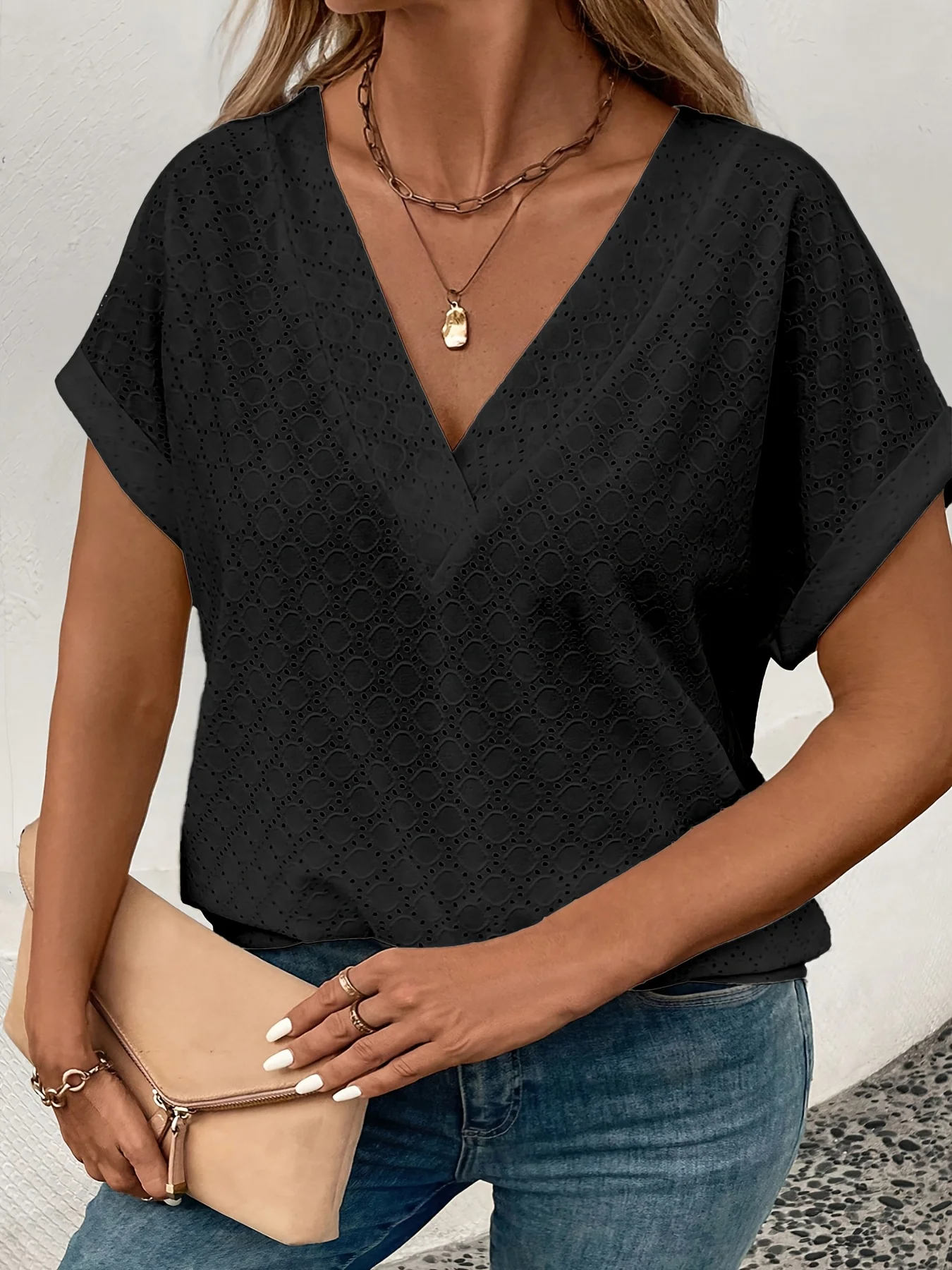 Plus Size Women's Eyelet V-Neck Short Sleeve Blouse Elegant Casual Top Breathable Comfort