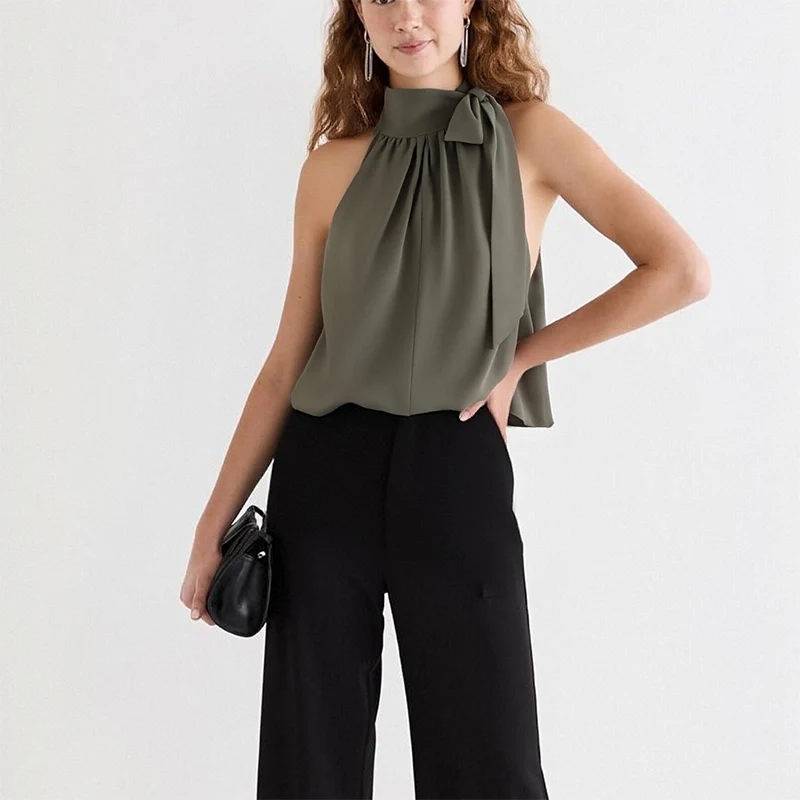 

2025 New French-Style Elegant Sleeveless Halter Top with Bow, Peplum Design, Slimming and Waist-Enhancing