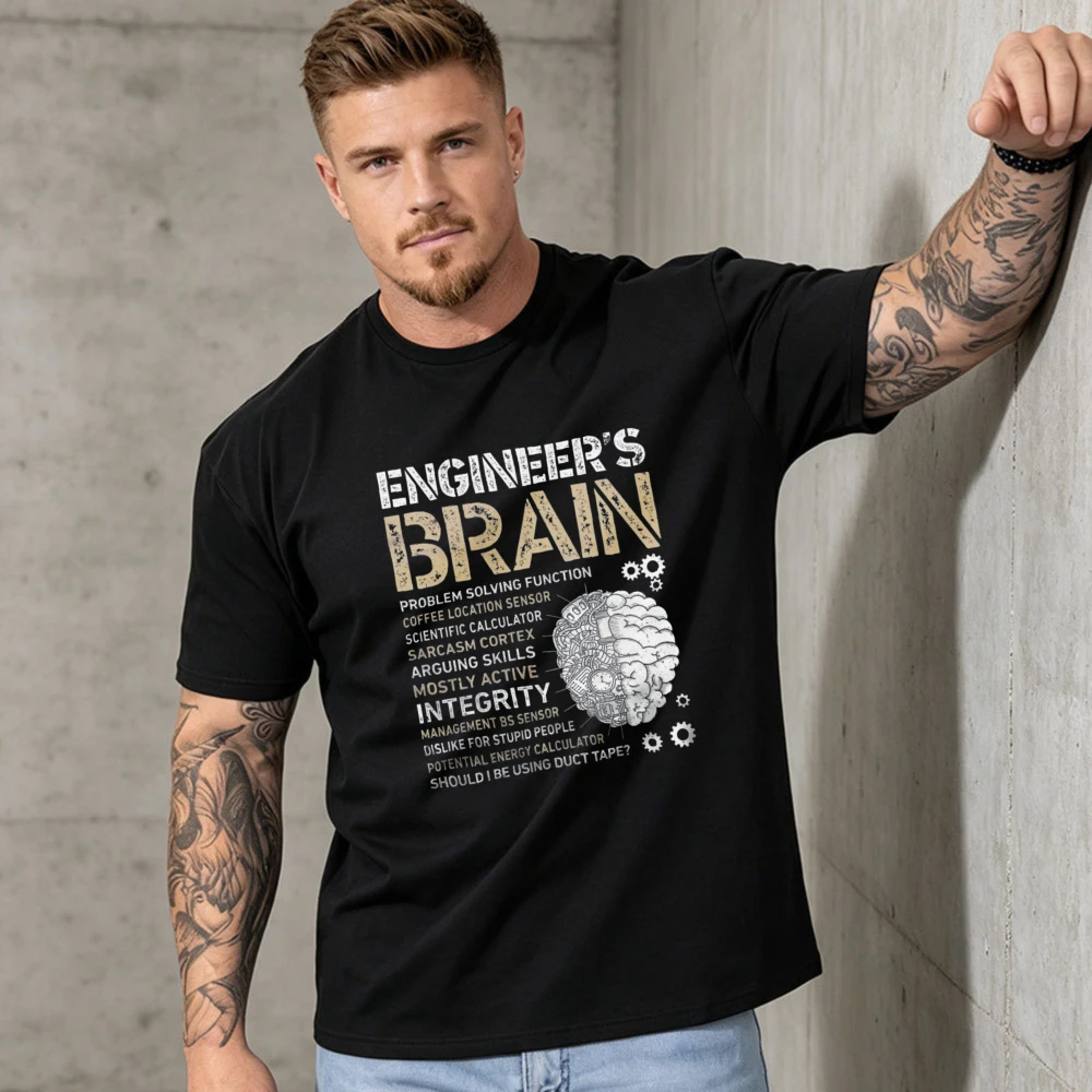 Engineer's Brain Gear Schematic Vintage Graphic T Shirt Funny Tech Print Tee Cotton Short Sleeve Mechanic Workshop Casual Tops