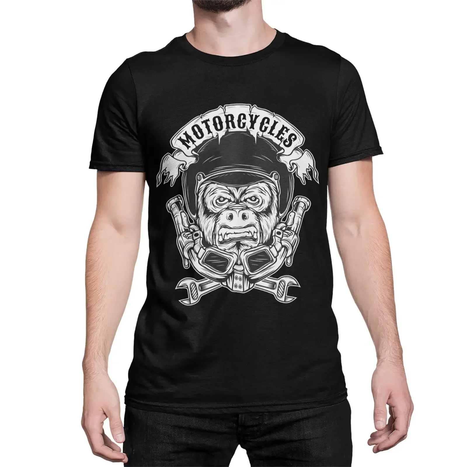 Men's Black Gorilla Motorcycle Biker T Shirt Casual  Motorcyclist Wrench Print Top S 5XL vintage Washed Unisex graphic Stylish