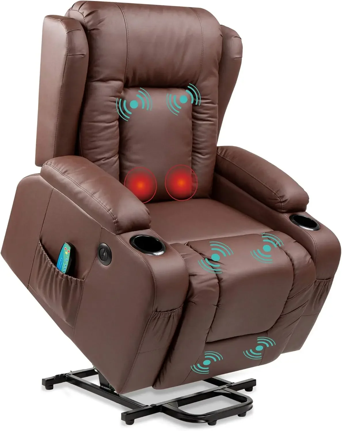 PU Leather Electric Power Lift Chair, Recliner Massage Chair, Adjustable ,USB Port, Heat, Cupholders, Side Button - Brown