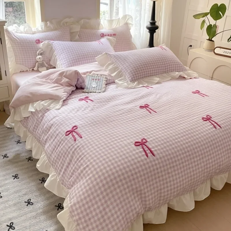 Spring and summer new Korean lace bow four-piece princess style lace washed cotton girl heart pink 6