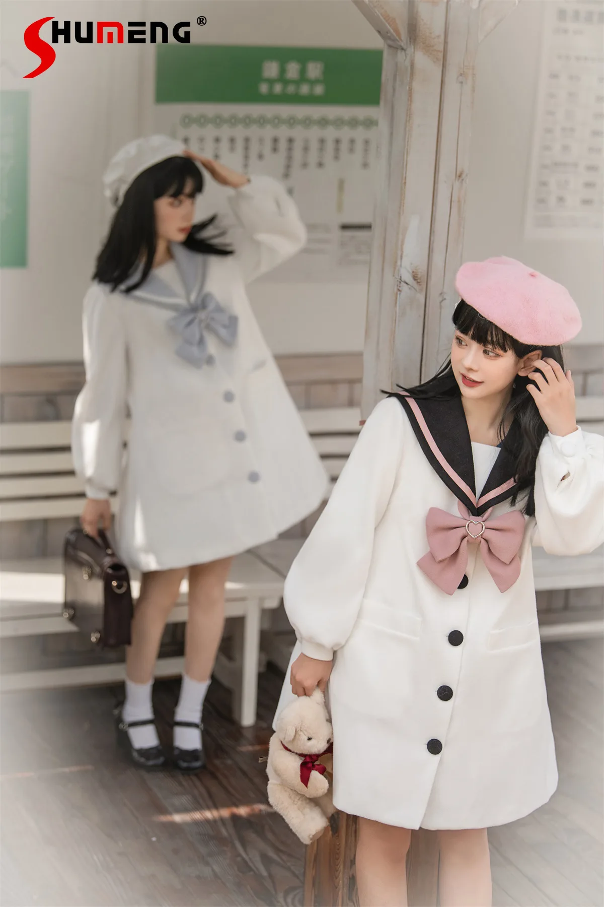 

Japanese Navy Collar Embroidered Bow Long Sleeve Single-Breasted Loose A-line Sweet Versatile Lolita Jacket Coat Women Winter