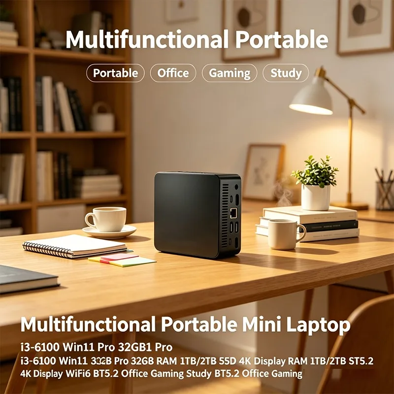 Mini Laptop Ligera I3-6100 con Windows 11 Pro, 32GB de RAM, Gran SSD, Pantalla 4K, WiFi 6, BT 5.2, Versátil para Estudio, Oficina y Juegos