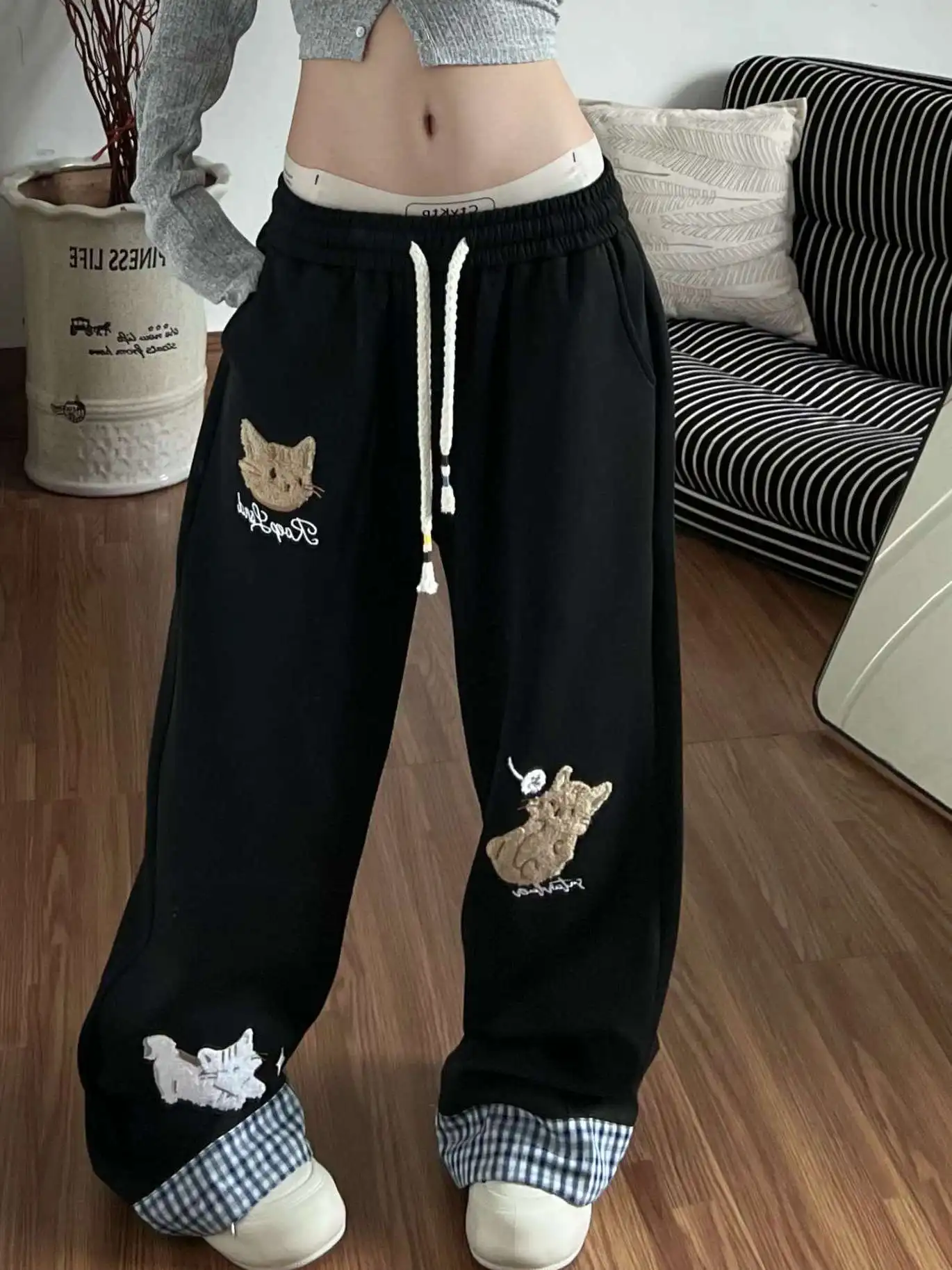 Korean Style  Towel Embroidery Casual Pants Women's Autumn Winter Plaid Splicing Drape Straight Leg Loose Fit Trousers