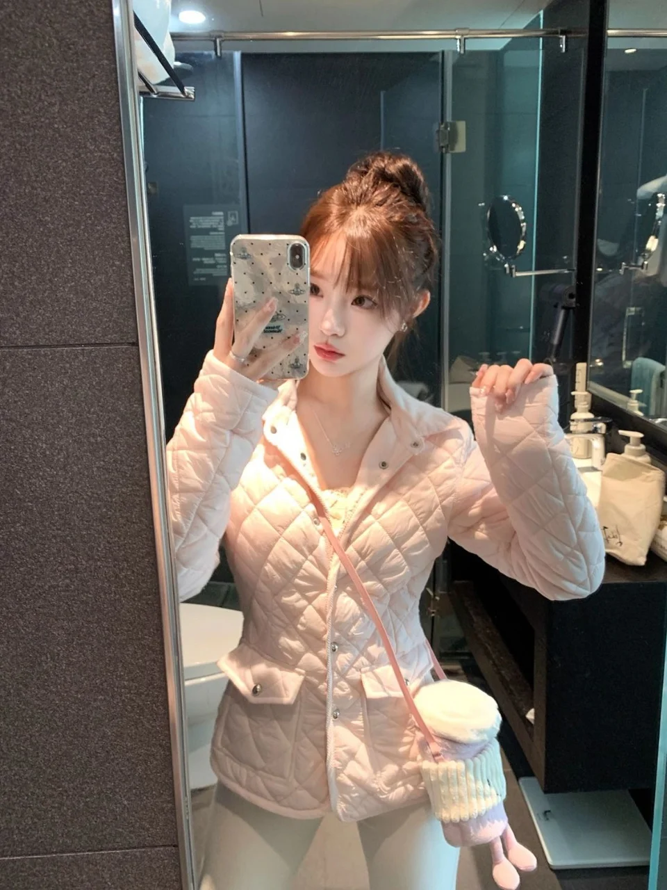 Autumn and winter sweet and cute style spicy girl short style slim fit diamond grid cotton jacket casual commuting women's top