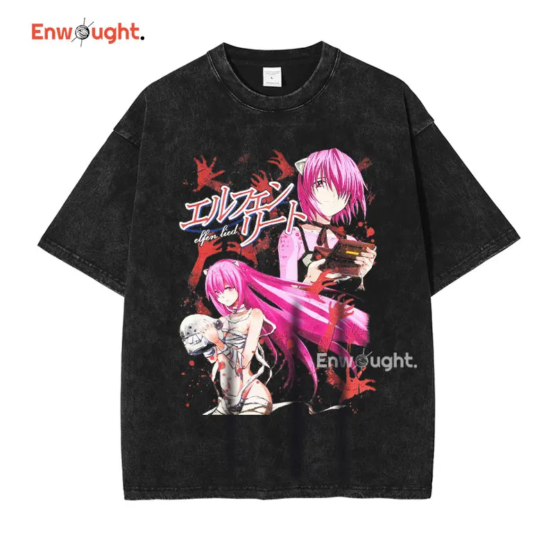 Anime Elfen Lied T Shirt Vintage Washed Y2K Manga Pattern Top Tees Oversized Short Sleeve DTG Printing T-shirt Man 100% Cotton