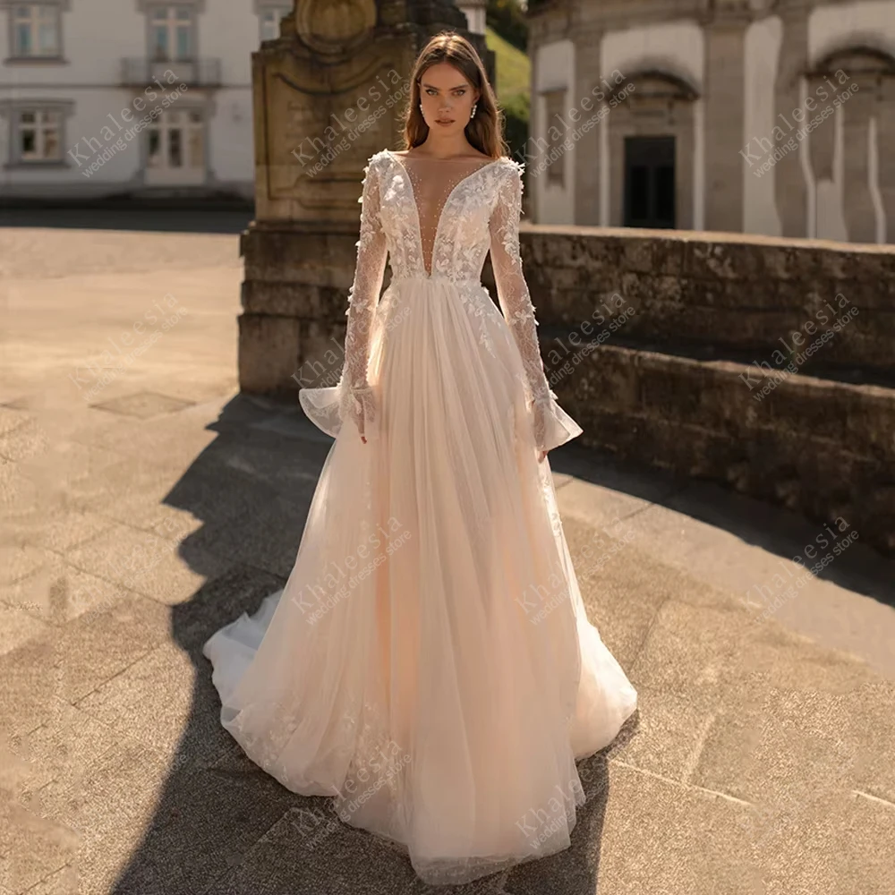 

Великолепные свадебные платья трапециевидной формы из тюля, многоярусные свадебные платья, кружевные аппликации, расклешенные рукава, винтажные платья Vestidos De Novia по индивидуальному заказу 2025