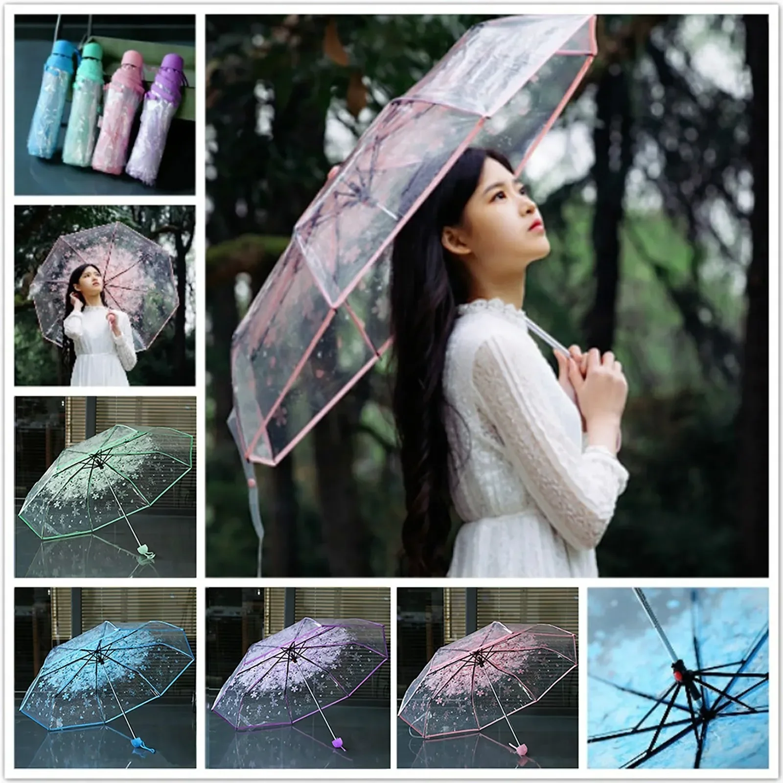 

1PC Portable cute flower household rain gear cherry blossom transparent umbrella wind and rain protection 3 fold PVC umbrella
