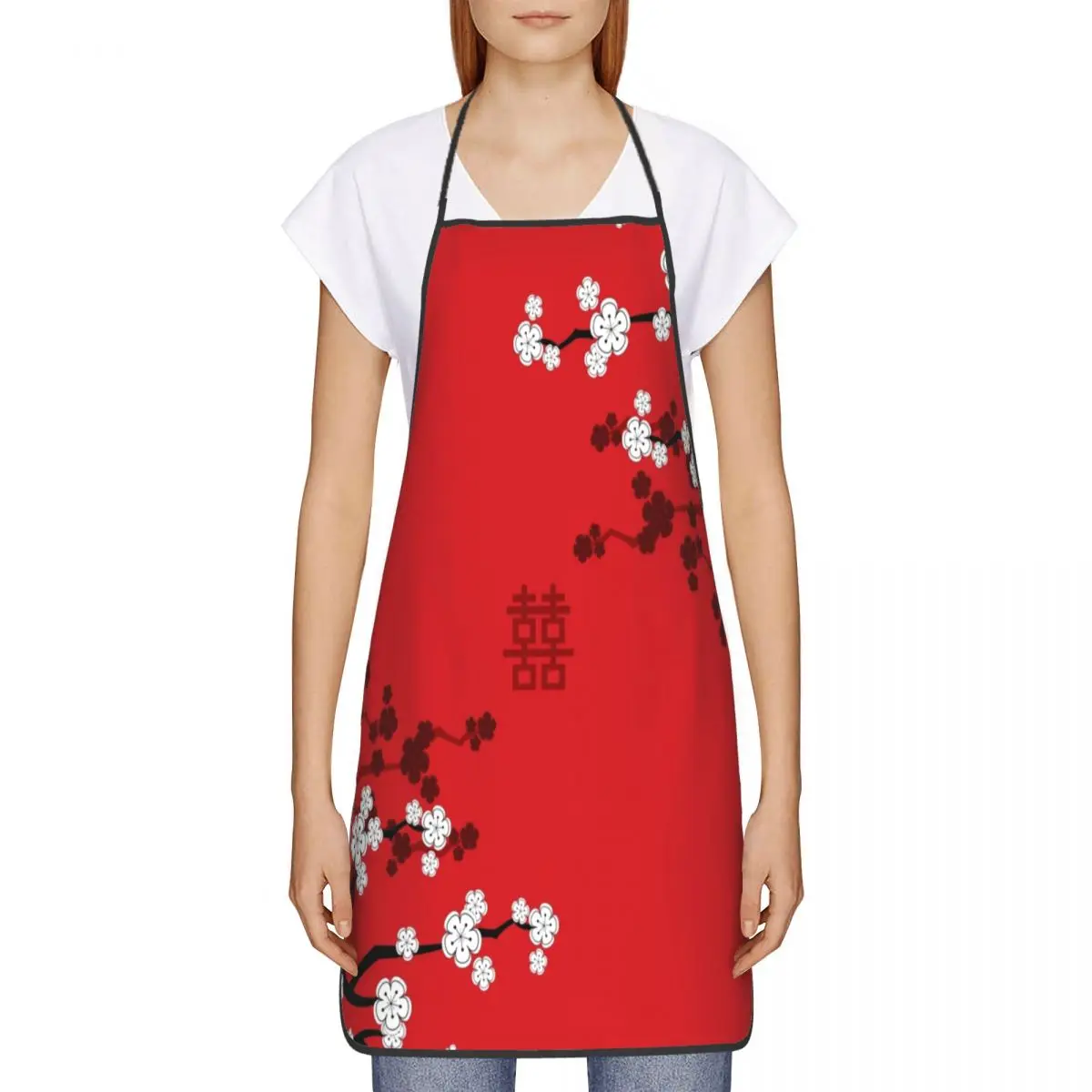 Oriental Cherry Blossoms Chinese Double Happiness Apron Adult Women Men Chef Tablier Cuisine for Cooking Kitchen Sakura Bib