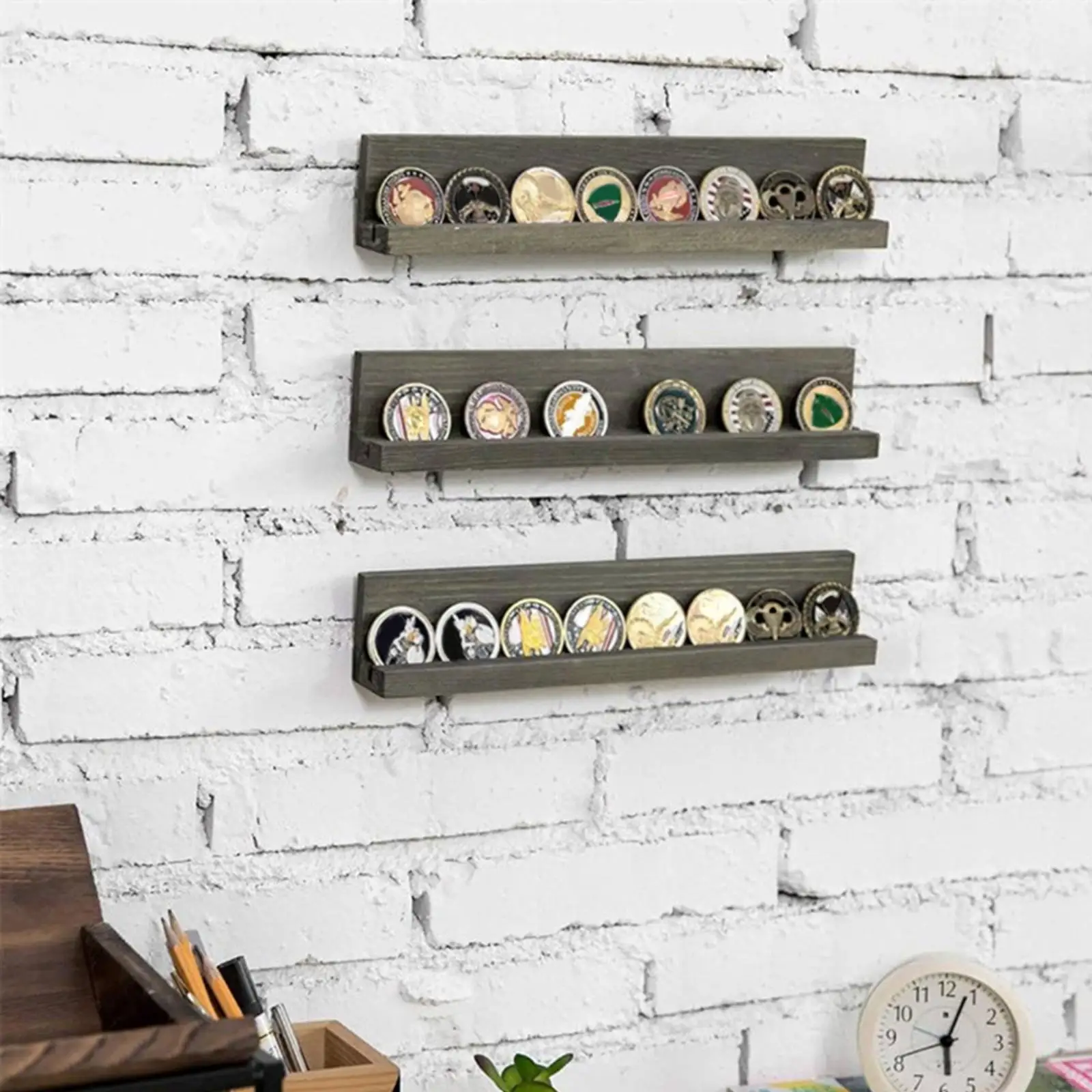 Coin Display Stand Single Row Wall Mounted Rack Wood Organizer for Collectible Coin Frame Home Office