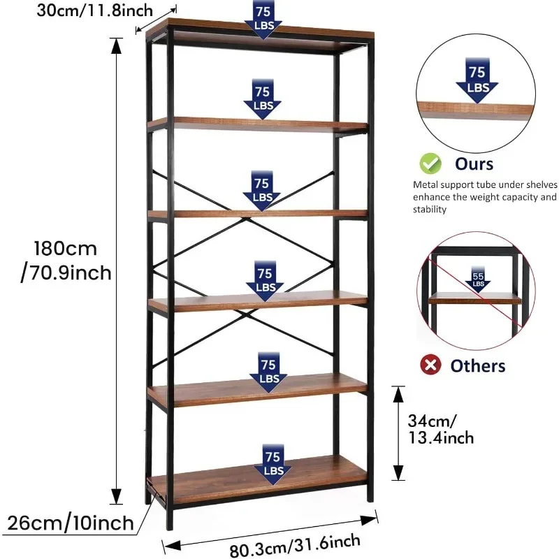 Himimi Bookshelf Set of ,Tall Bookcase Industrial Wood Storage Rack with Open Book Shelves,Modern Metal Standing Organizer