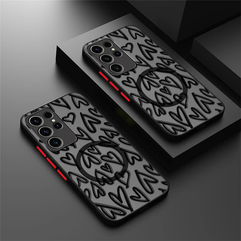 Miękkie etui TPU na telefon Samsung Galaxy S25 S24 S23 S22 Ultra Plus S21 S23 S20 FE, magnetyczne, czarne, z wzorem serca, matowe.