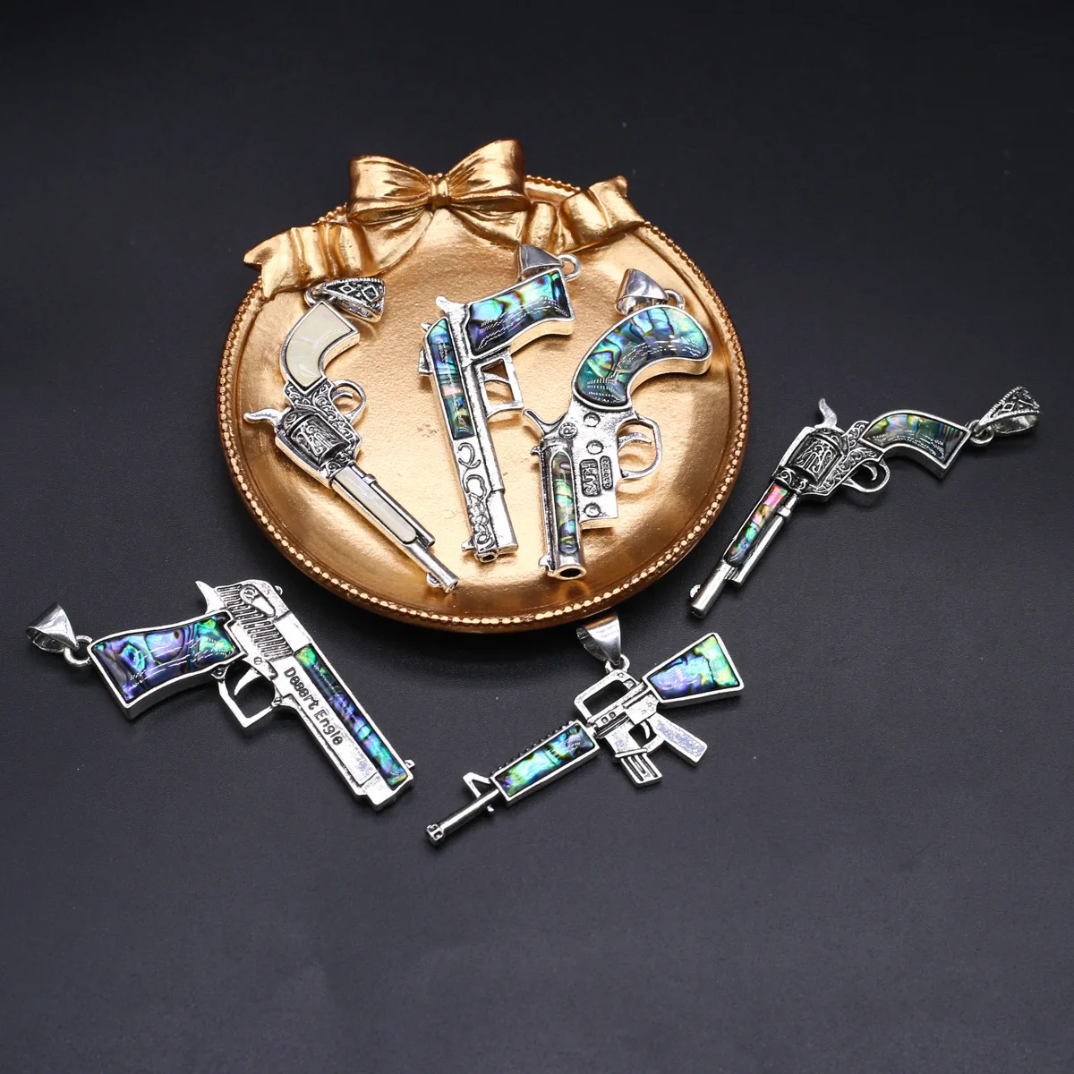 Vintage Imitation Thai Silver Inlaid Shell Cartoon Toy Pistol DIY Abalone Shell Jewelry Accessories