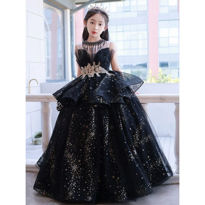 

2024 Summer New Hot Selling Round Neck Black Dress Childrens high-end evening dress princess dress Girl's Birthday Banquet Dress