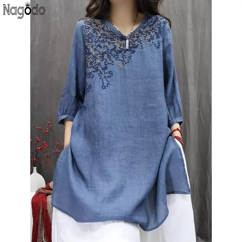 

2025 Cotton Linen Embroidery Women's Long Shirt Loose Thin Tee O-Neck Shirt Half Sleeve Top Retro Blouse Chinese Tea Clothing