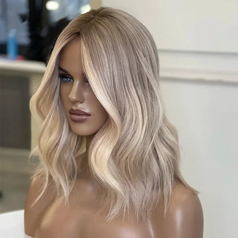 Peruca de cabelo humano colorido para mulheres, Ash Blonde Highlights, Short Bob, Straight Lace Frontal Wig, Platinum Glueless Wigs, Venda, 13x4