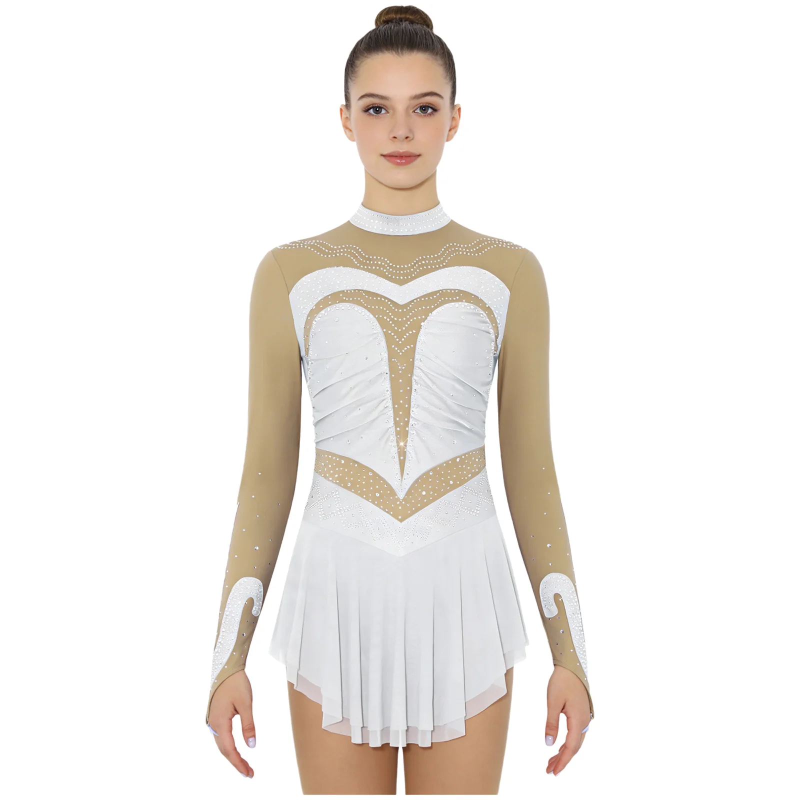 Womens Sheer Mesh Gymnastics Ballet Leotard Dress Ice Skating Lyrical Dance Costumes Shiny Rhinestone Performance Dancewear