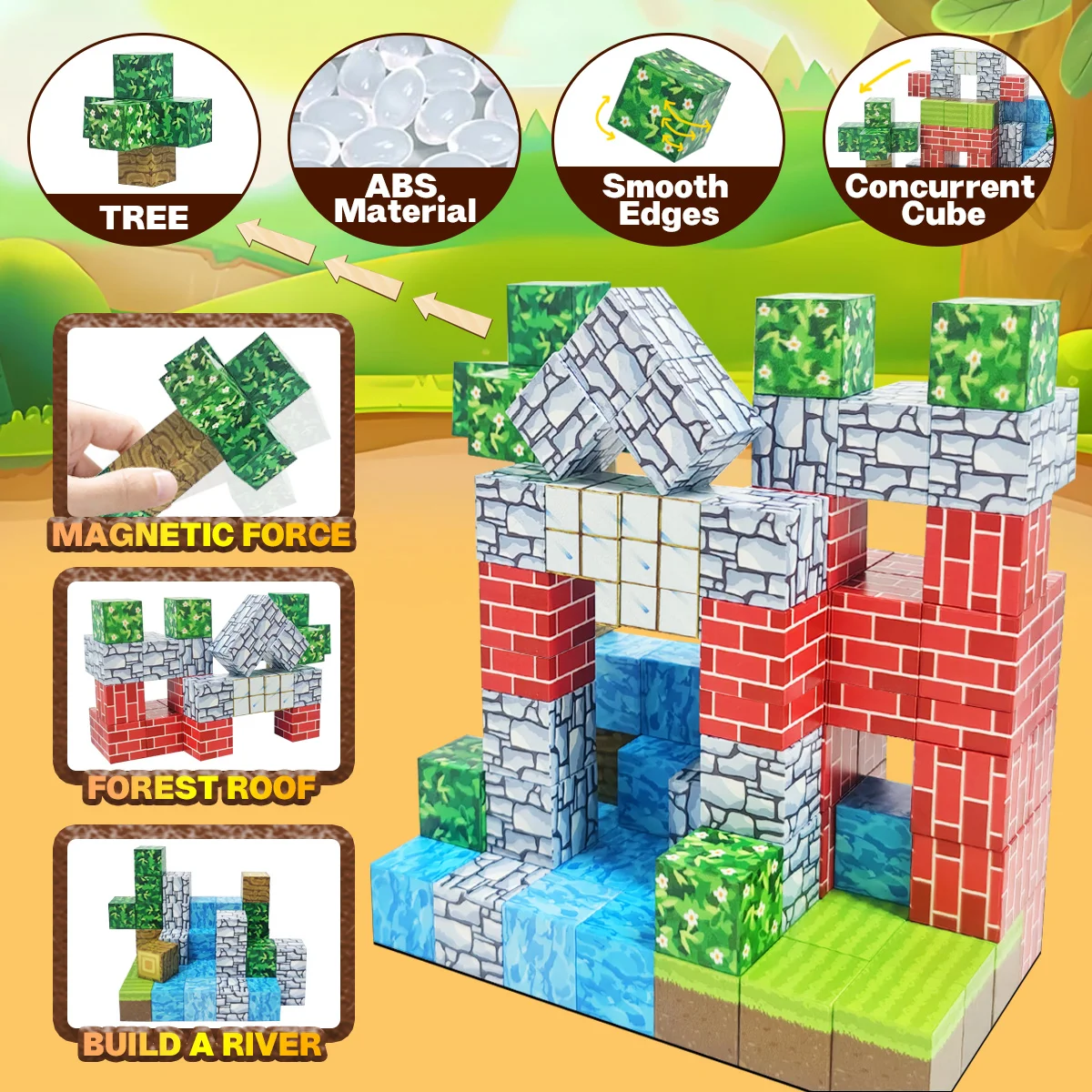 Magnetic Building Blocks Cubes for Kids, Magnet Tiles Stacking Toy, Build Forest World Set, Sensory Christmas Birthday Gifts