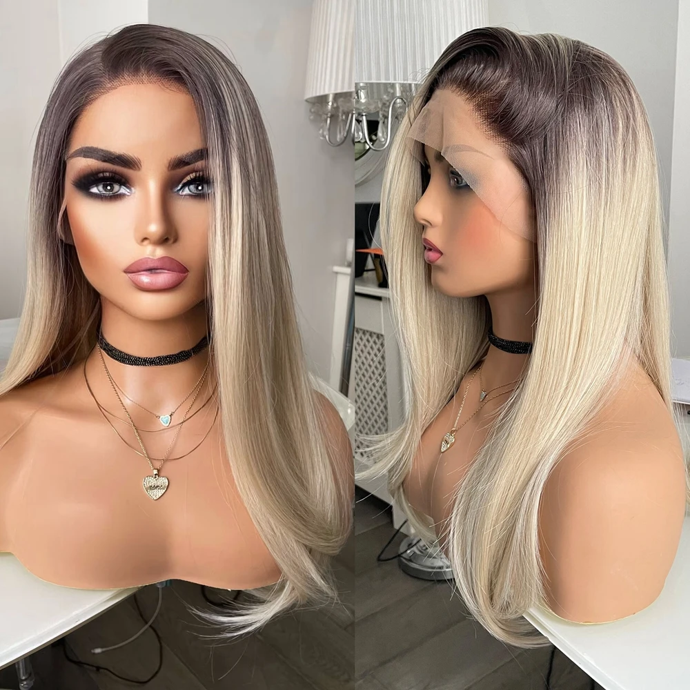 

26"Long Soft Ombre Ash Blonde Gray Straight 23A Grade 13*4Lace Front Wig For Black Women BabyHair European Human Hair Jewish Wig