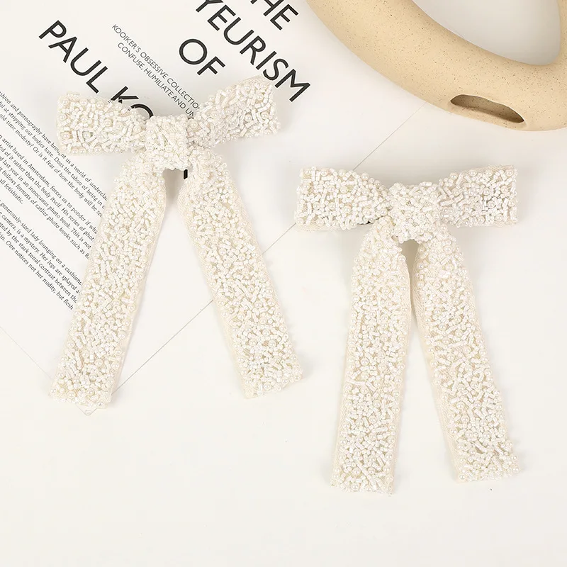 Elegant bow hair clip with seed beads delicate women's hair accessories outdoor casual all-match headwear embellishments