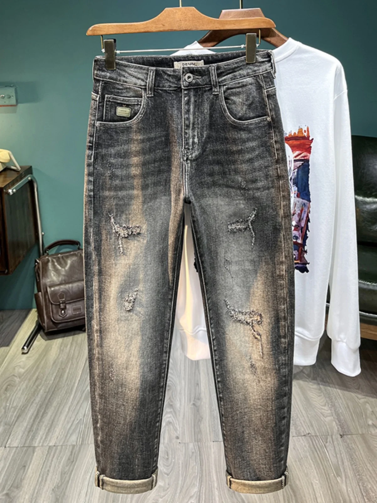 

Retro American Denim Jeans Men's Spring Autumn Trendy Loose Fit Patchwork Hole Elastic Versatile Long Pants Casual Wear