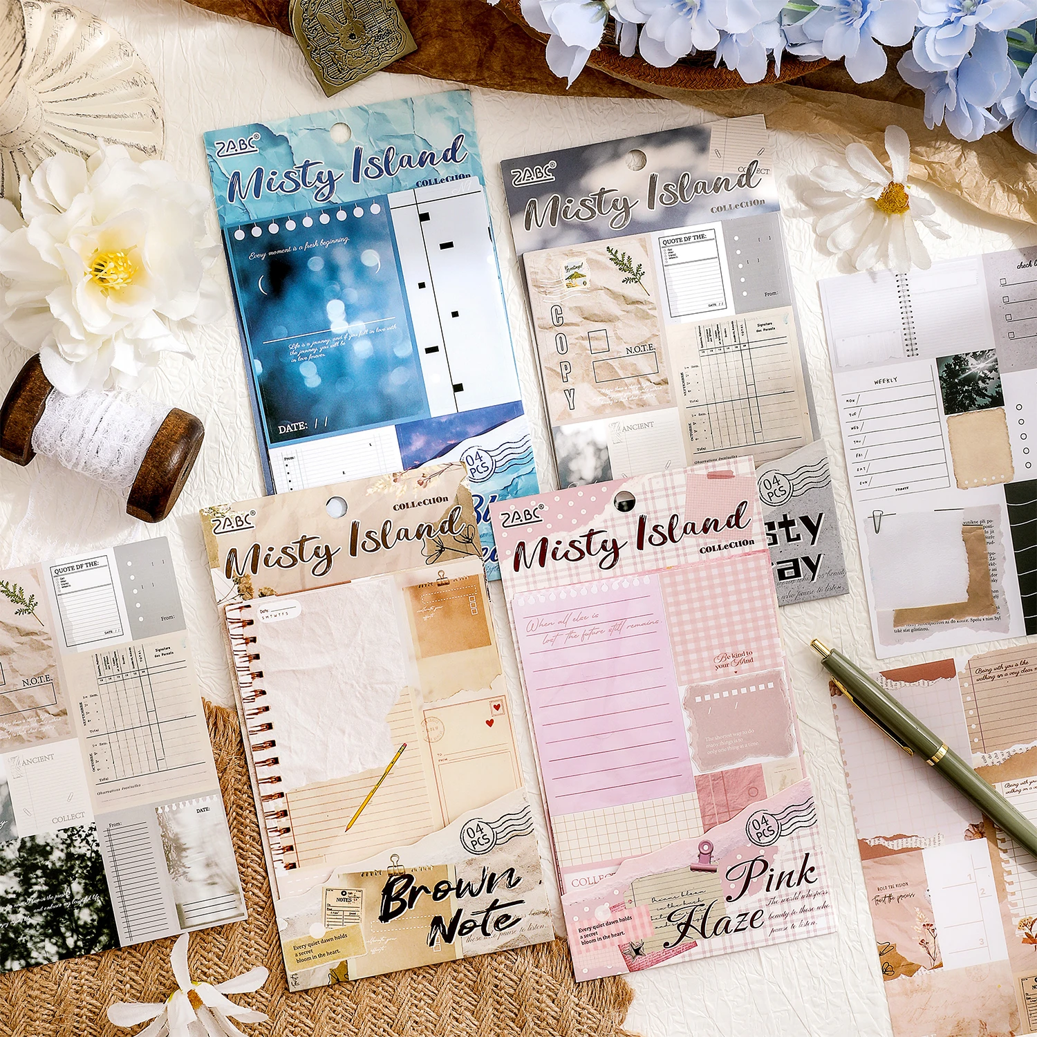 4Pcs Misty Island Vintage Grid Lined Note Paper, Collage Writable Memo Sheets for Junk Journal Scrapbook Decoration