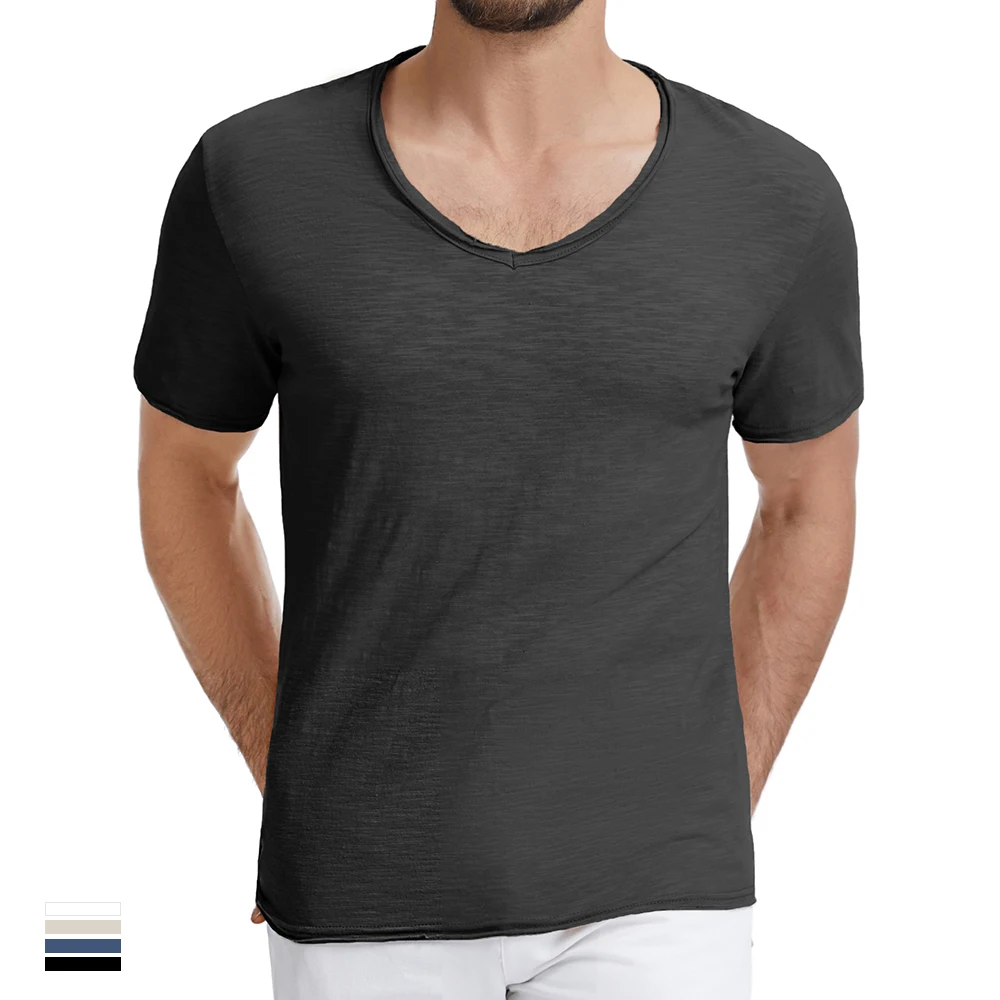Summer Men's Cotton T-shirt V-neck Short Sleeved Breathable Slim Fit Solid Color Casual Tees Simple Style Leisure T-shirts