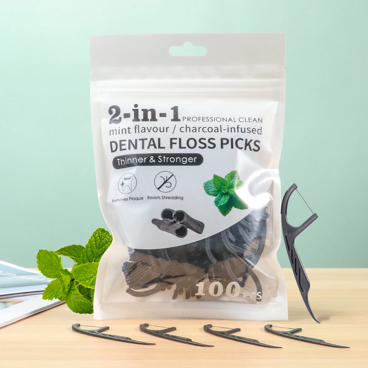 

30/100 ultra-thin bamboo charcoal mint disposable dental floss sticks - a must-have portable dental floss stick for going out