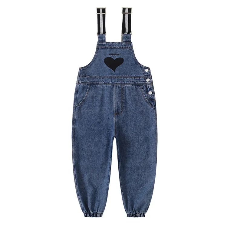 Teen Girls Denim Overalls Autumn Heart Print Girls Suspender Pants Casual Teenage Children\'s Rompers Jumpsuits 6 8 10 12 14 Y