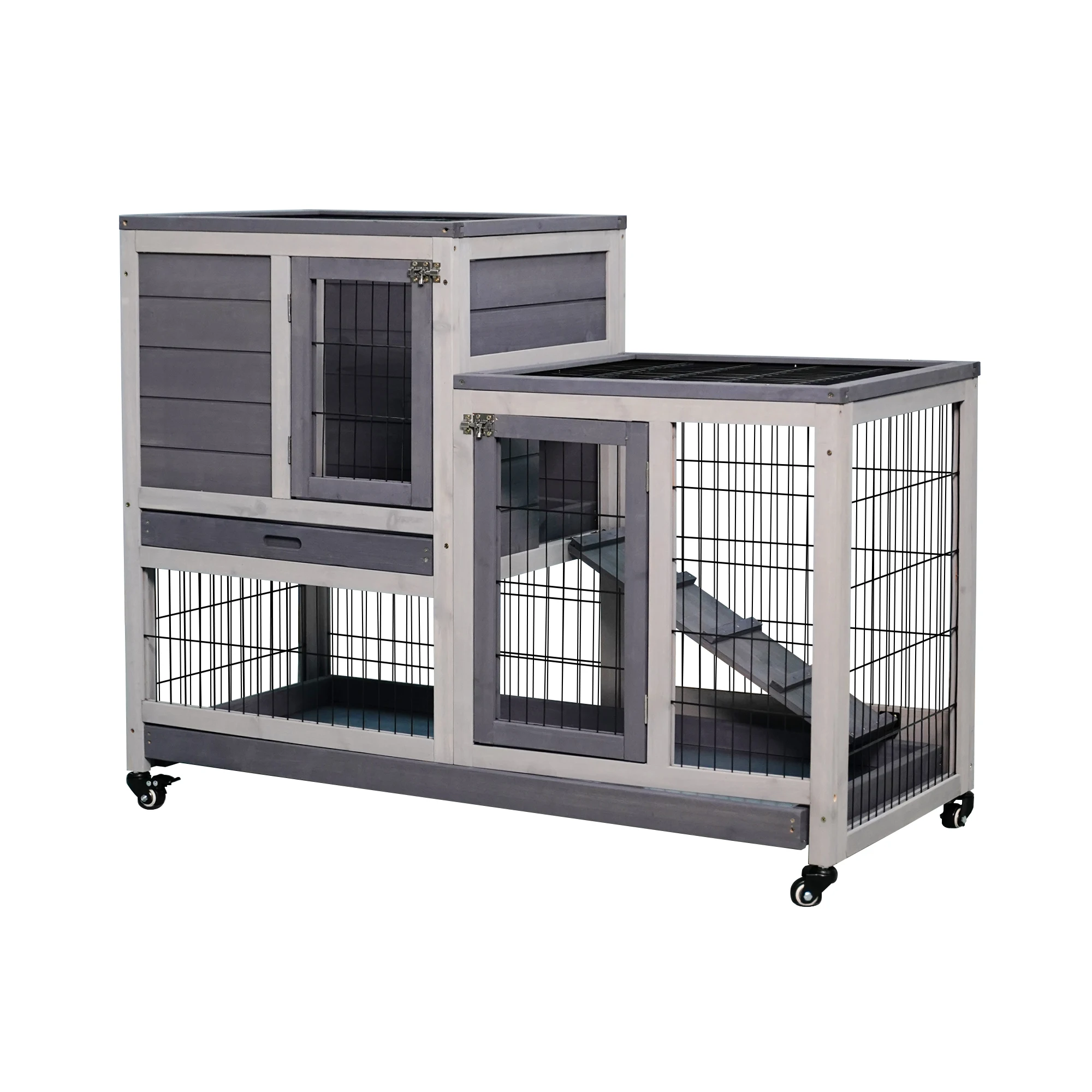 

Removable Tray Ramp Wooden Outdoor Rabbit Hutch Small Animal Coop with Running Cage with Enclosed Run with Wheels,Ramp,