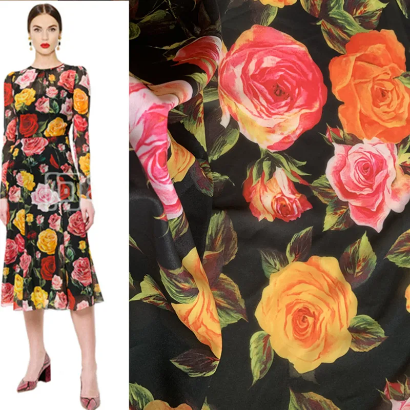 145cm*50cm high quality D brand chiffon fabric rose flower pattern digital printing fashion dress shirt designer fabrics