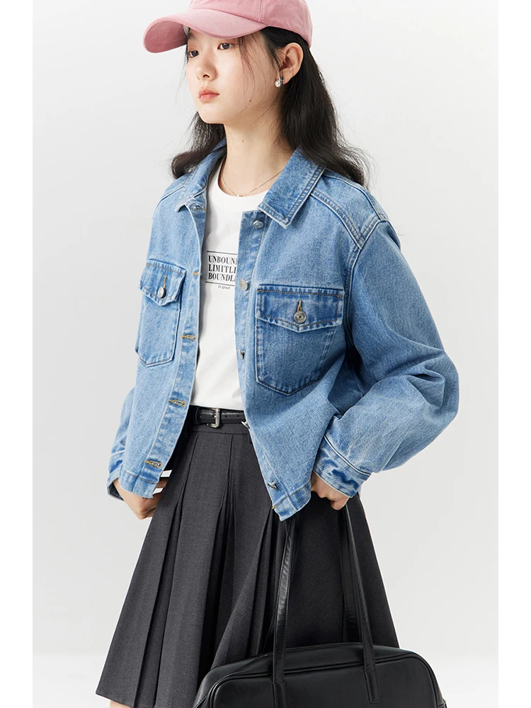 

ZIQIAO Cotton Retro Short Denim Jacket for Women 2024 New Spring Hong Kong Style Versatile Casual Sense Loose Jacket Female