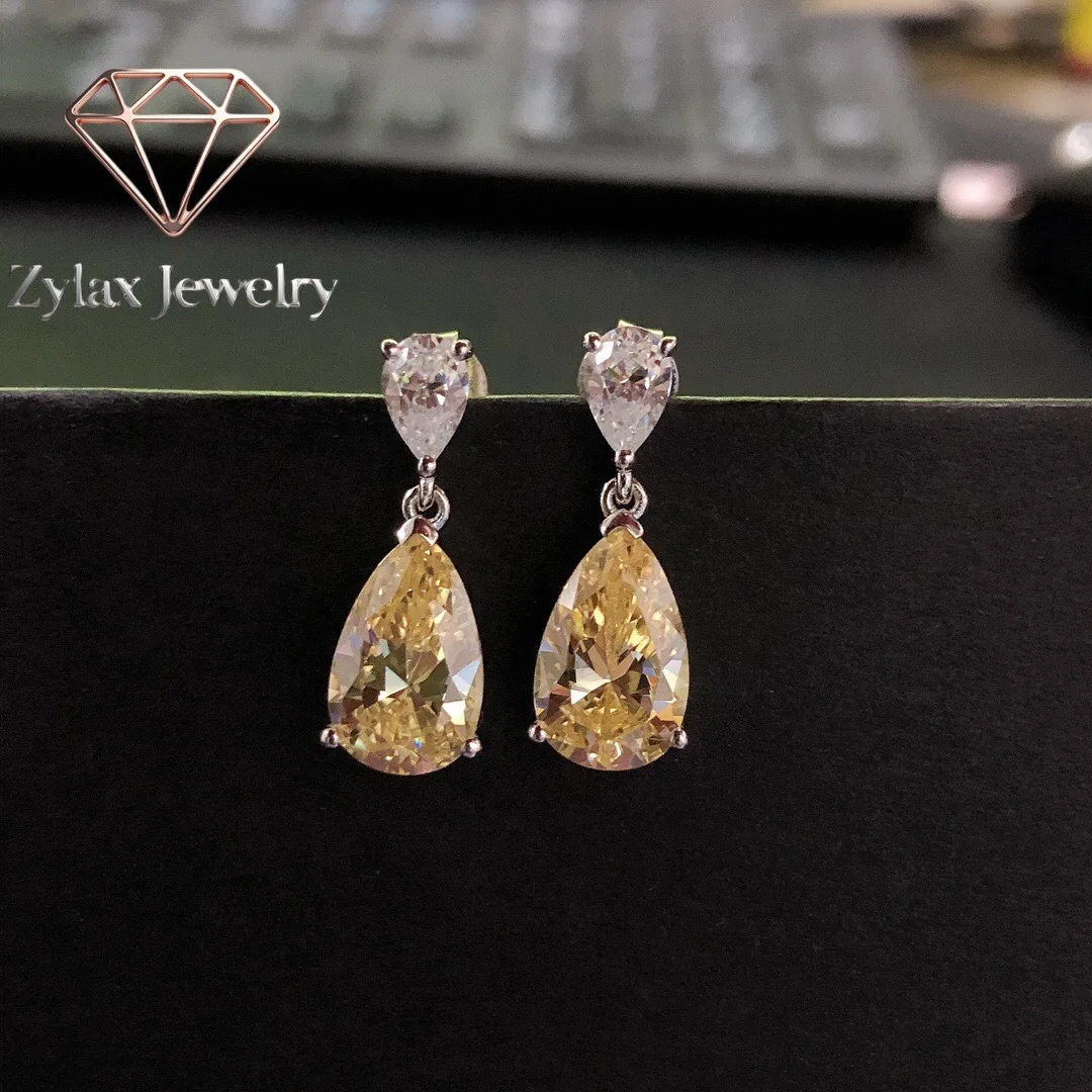Zylax Jewelry 3ct Moissanite Teardrop Earrings for Women, PT950 Platinum, Yellow Diamond Accent, Unique & Feminine