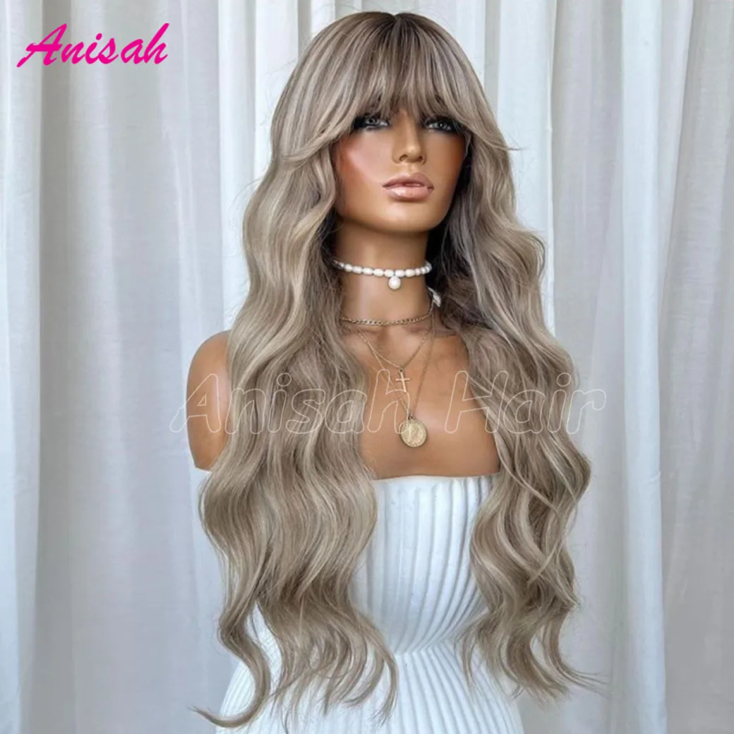 Brazilian Remy Hair Highlight Ash Blonde Wavy Human Hair Wigs With Bangs Colored 5x5 Lace Closure Glueless Human Hair Wigs