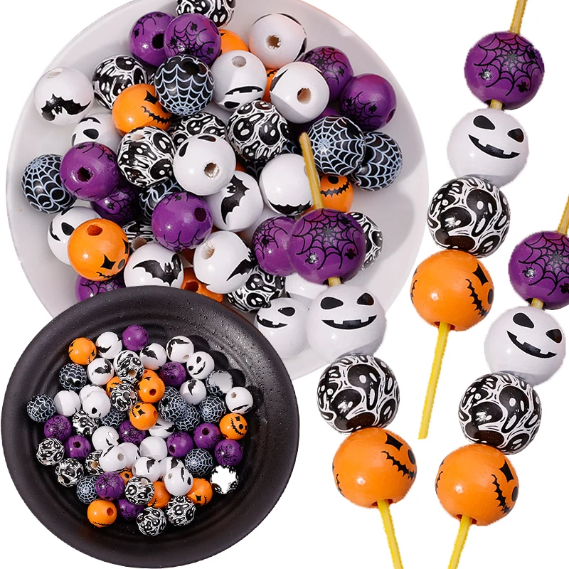 10/20/30Pcs Creative Halloween Printed DIY Colorful Wooden perforated Beads Interesting Pumpkin Spider Web Skull Head Evil Eye