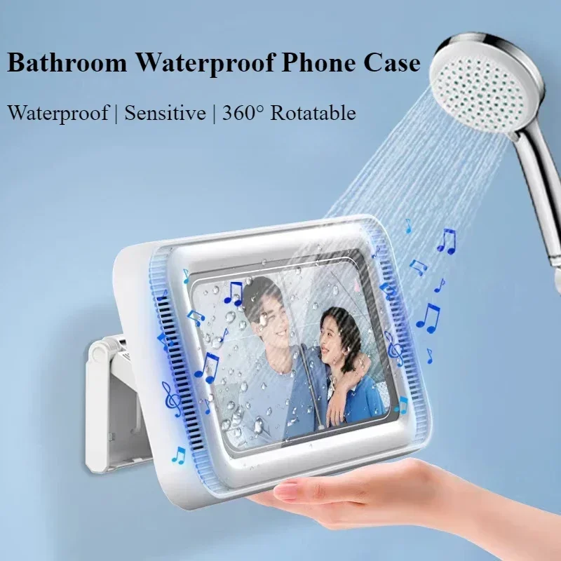 Oatsbasf Waterproof Phone Holder Bathroom Shower Phone Holder with Speaker Self-adhesive 360°Rotate for 4-7