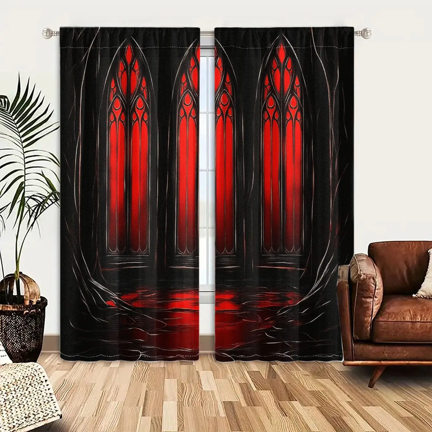 

2Pcs Curtain Three Gothic Red Windows Window Drapes For Bedroom Living Room Decoration Window Treatment.