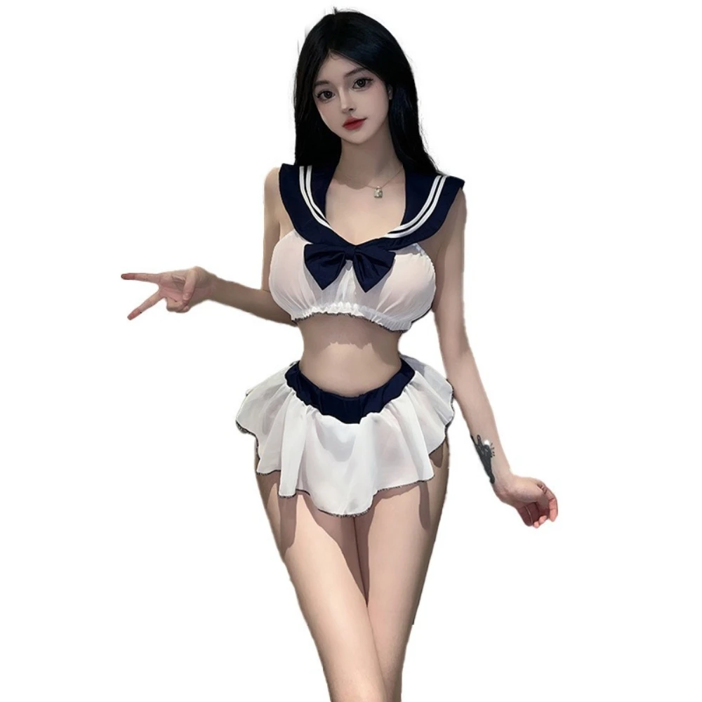 

Naughty Sexy Transparent Sailor Student Uniform Cosplay Costume with Sheer Bowknot Stripe Patchwork Top Mini Skirt 2 Piece Set