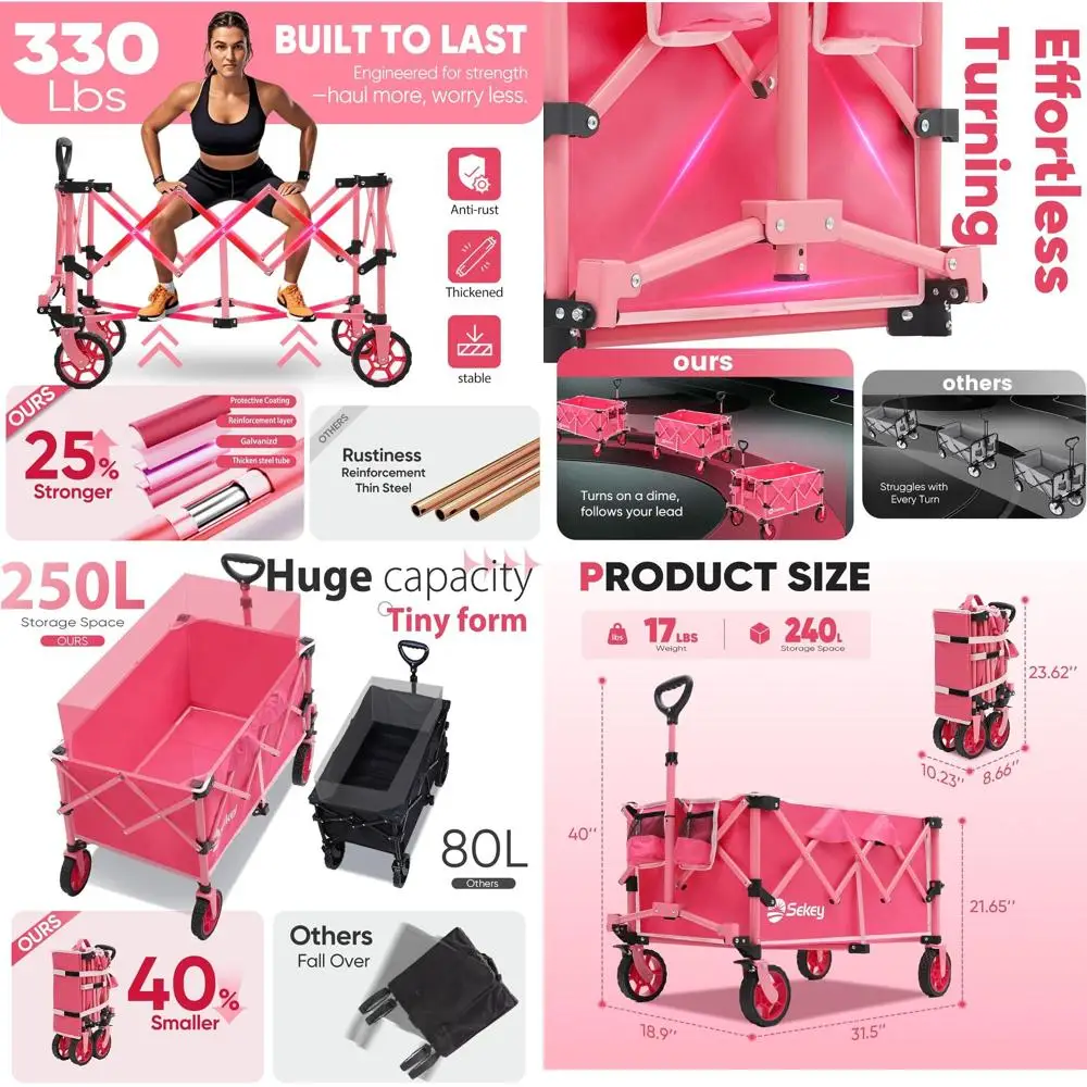 

Heavy-Duty Pink Folding Wagon with 330lbs Capacity, All-Terrain Wheels and Drink Holders