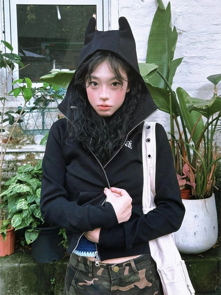 

Harajuku Letter Print Grunge Hoodies Women Casual Dual Zippers Hooded Sweatshirt Y2k Aesthetic Vintage Streetwear Cropped Hoodie