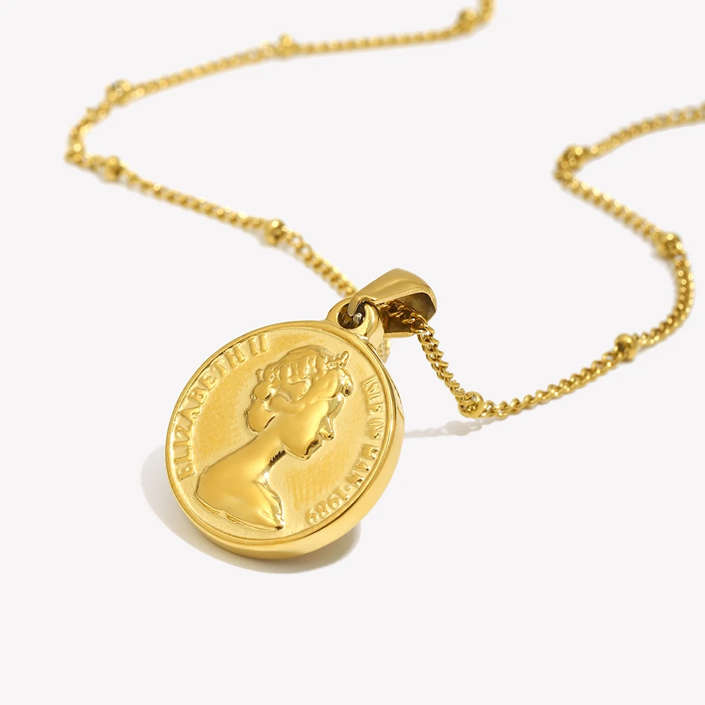 E.B.belle Portrait Coin Necklace Stainless Steel PVD Hypoallergenic Gold Pendant Necklace For Women Vintage Gold Jewelry