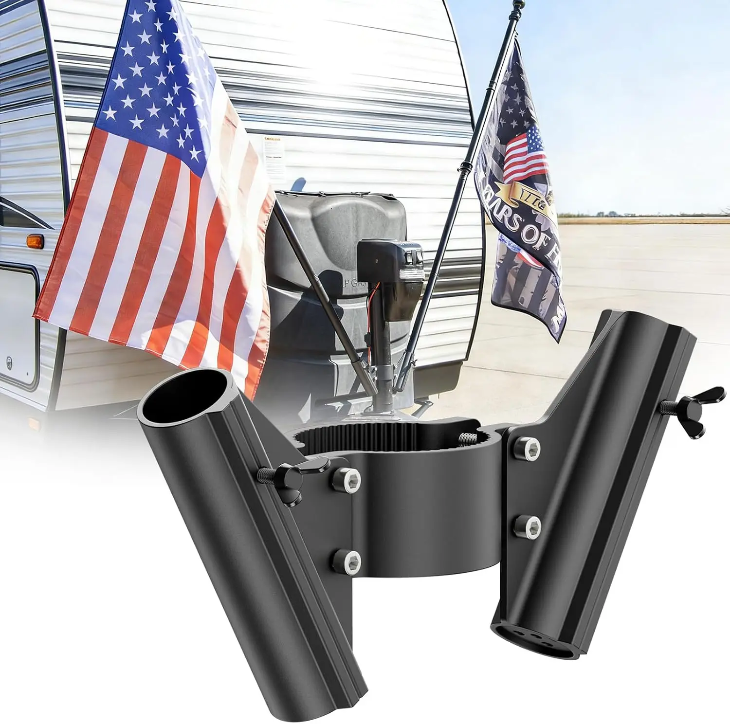 RV Dual Flag Pole Mount for Tongue Jack,Trailer Aluminum Holder Kit