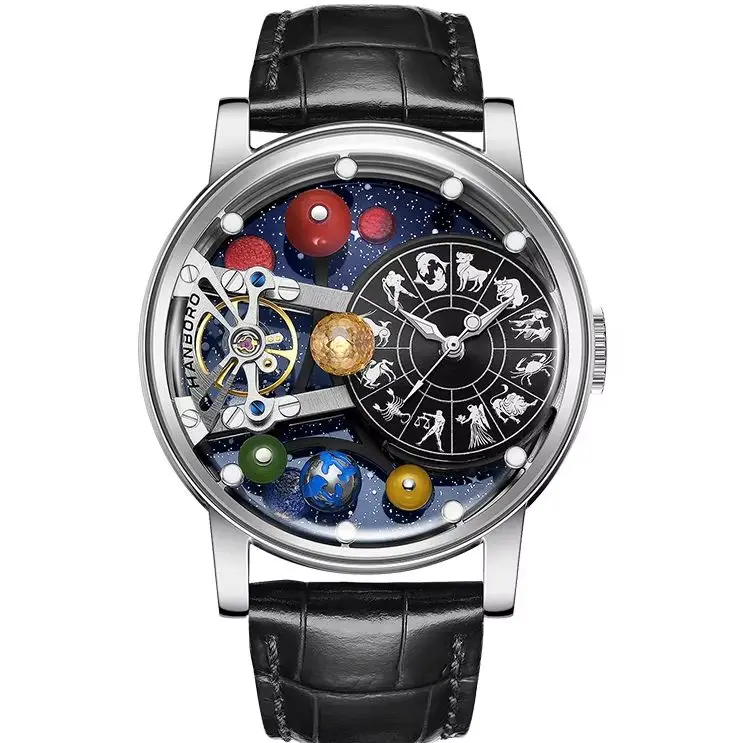 HANBORO Men Automatic Watch 43.5mm Mechanical Wristwatch Rotatable Backgroud Agate Pearl Nine Planets Constellation Dial
