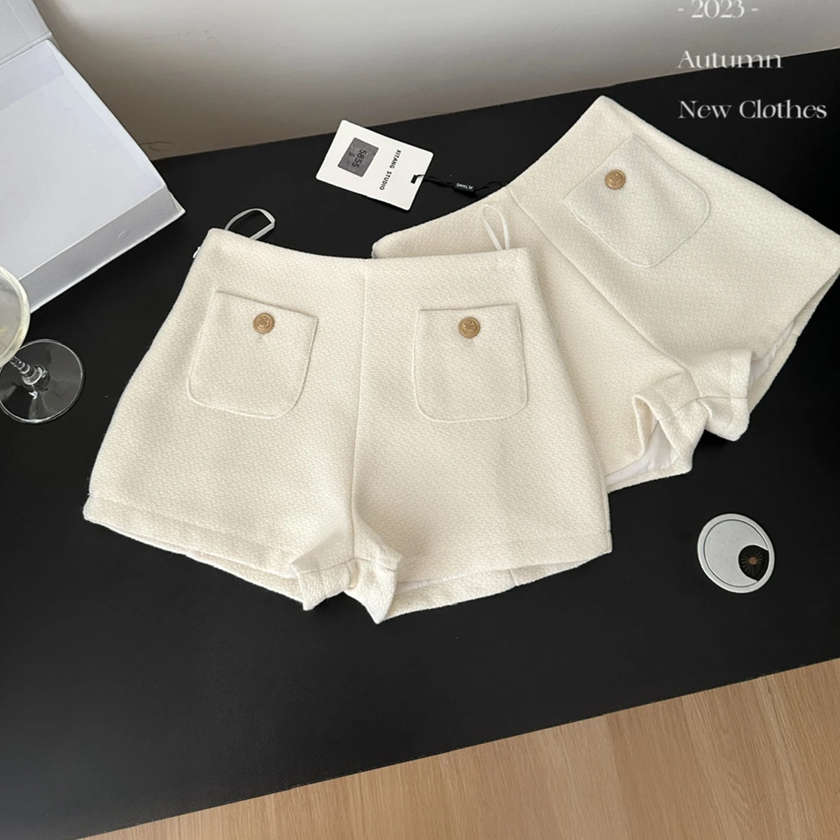 Y2K Streetwear Black Shorts Women Elegant High Waist White A Line Wide Leg Suit Short Sexy Club Slim Tweed Short Pants Autumn