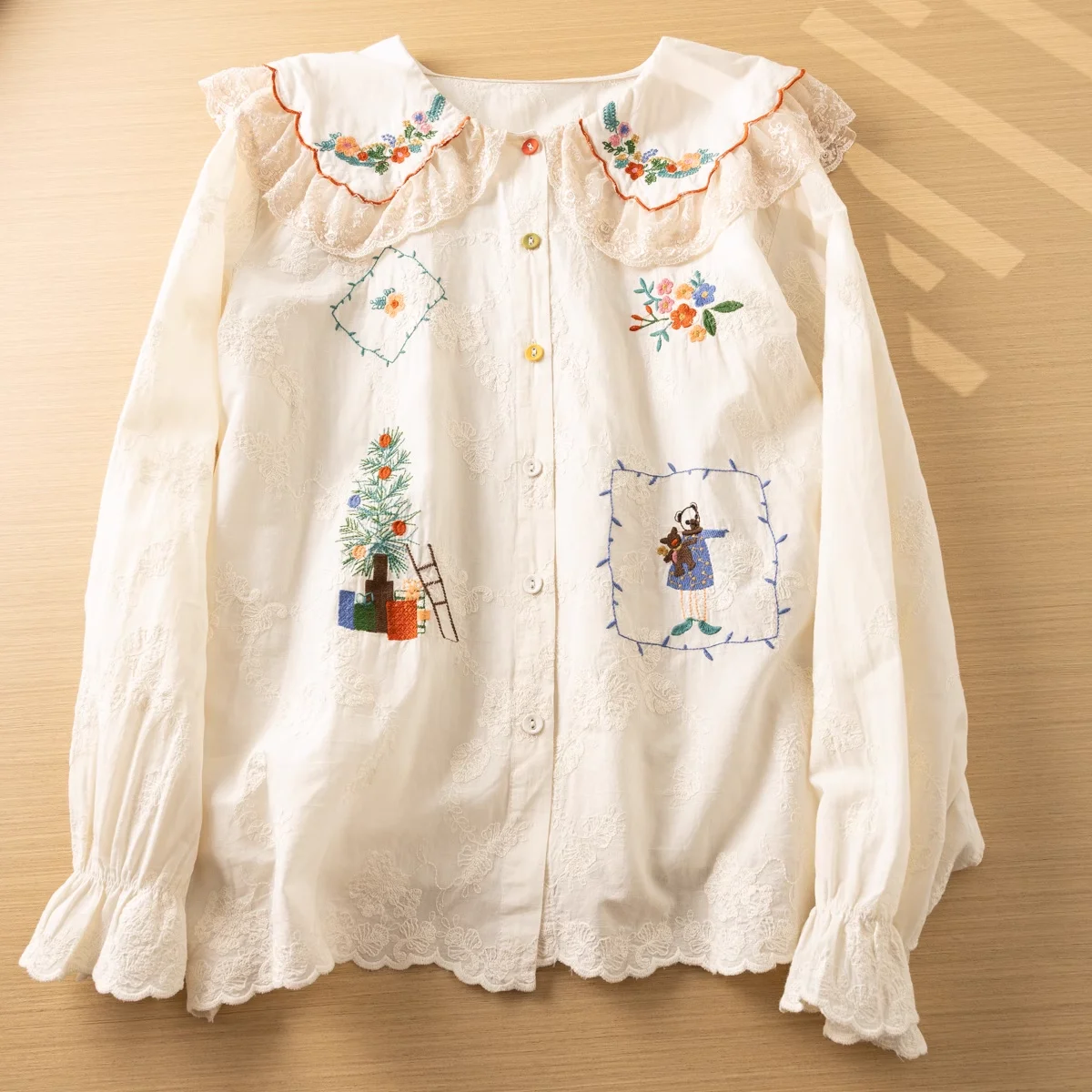 Japan Style Mori Girl Sweet Lace Patchwork Christmas Tree Embroider Shirts and Blouses Long Sleeve Tops Lolita Cute Clothing