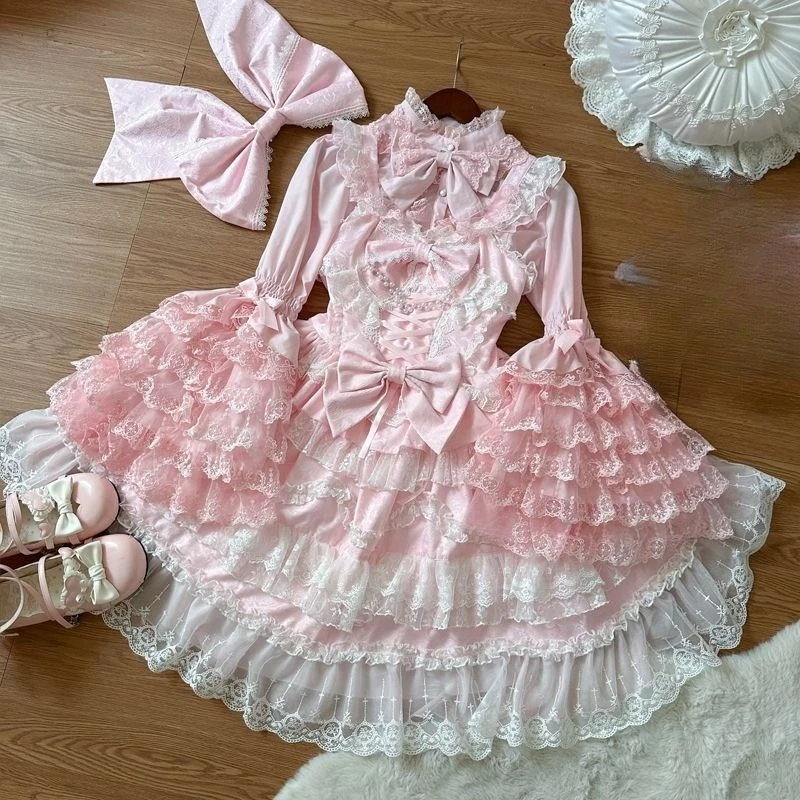 Set 2 Pezzi Lolita Giapponese JSK con Fiocco Splendido, Camicia a Maniche Lunghe Y2k da Donna, Abito Principessa Vintage Elegante con Balze in Pizzo Kawaii Carino