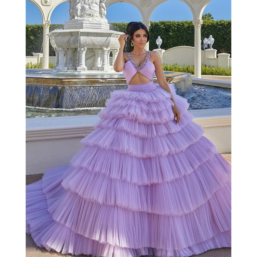 

Lavender Elegant Fluffy Prom Dress with Crystal Fashion V-Neck Tiered Pleat Sweep Train Ball Gowns Formal Evening Party Dresses